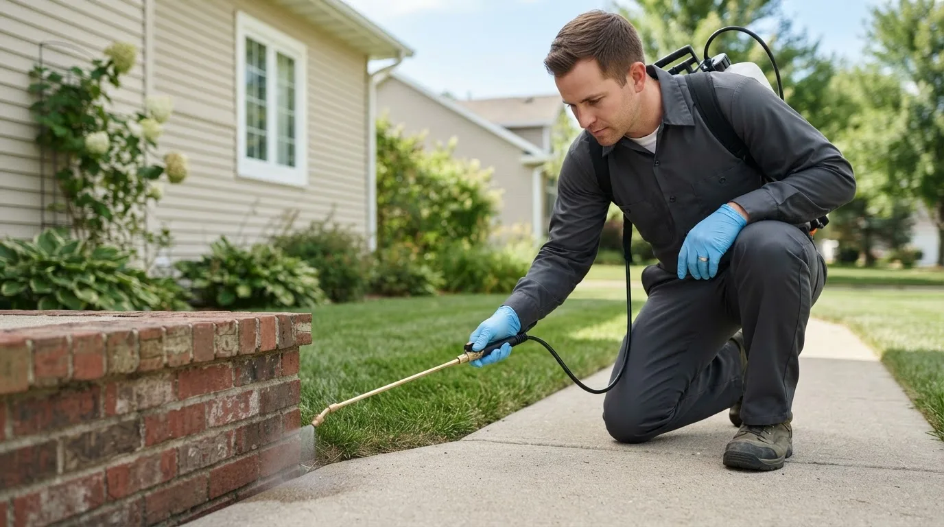 Pest control technician treating a home near Fabens, TX